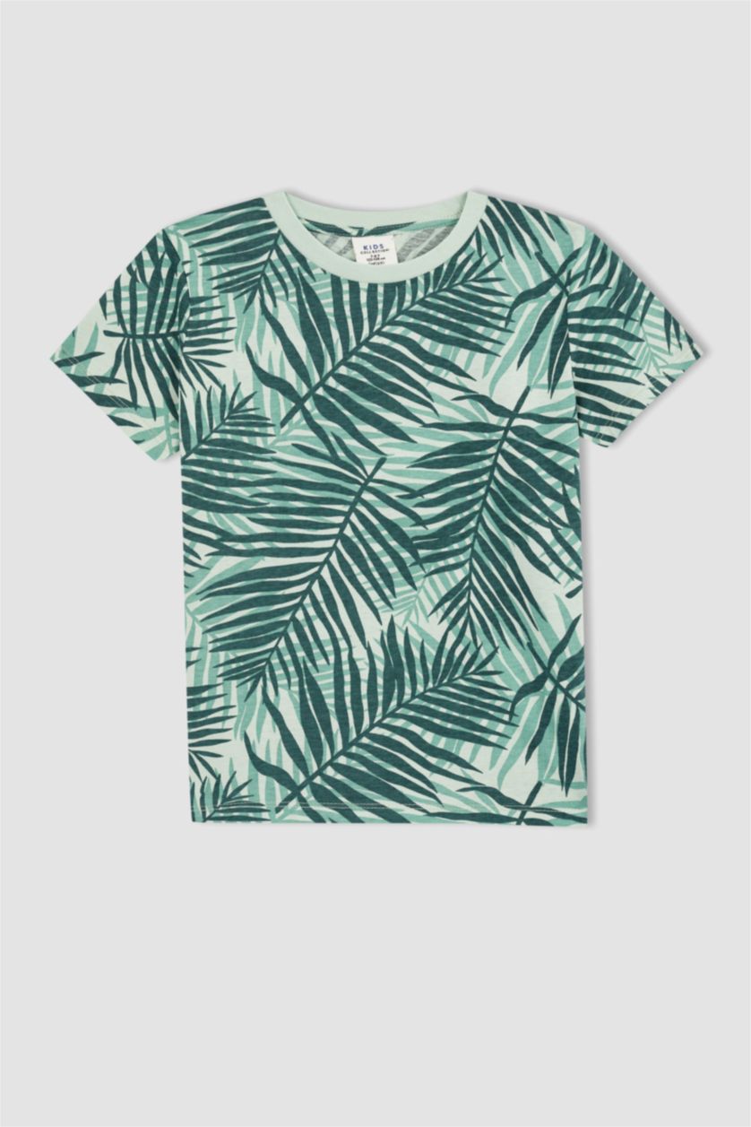 GARÇONS Bleu T-shirt en coton à col ras de cou à motif manches courtes pour garçon