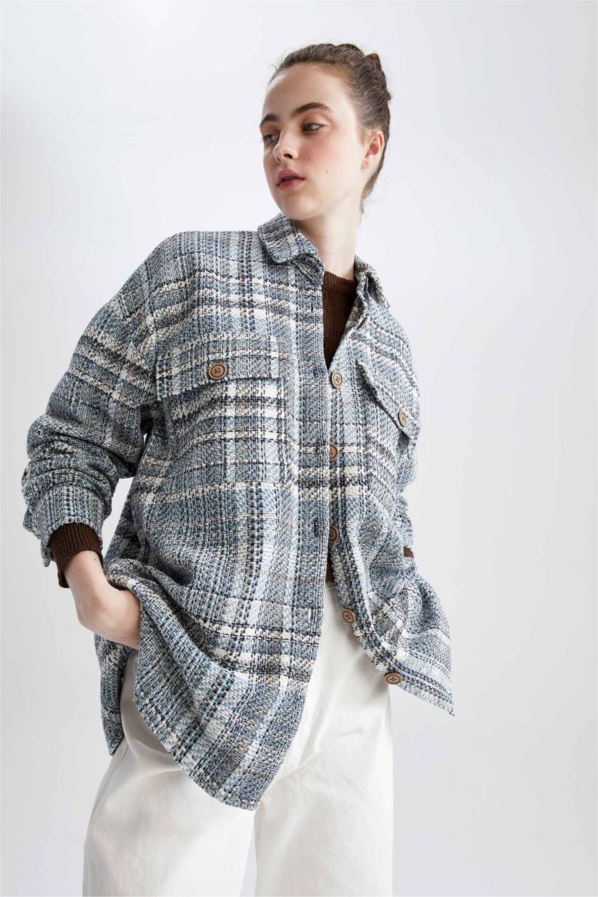 FEMME Bleu Tunique À Manches Longues Coupe Oversize Carreaux Col De Chemise