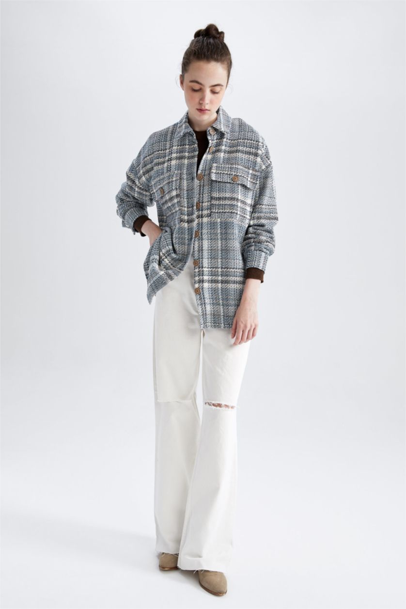 FEMME Bleu Tunique À Manches Longues Coupe Oversize Carreaux Col De Chemise