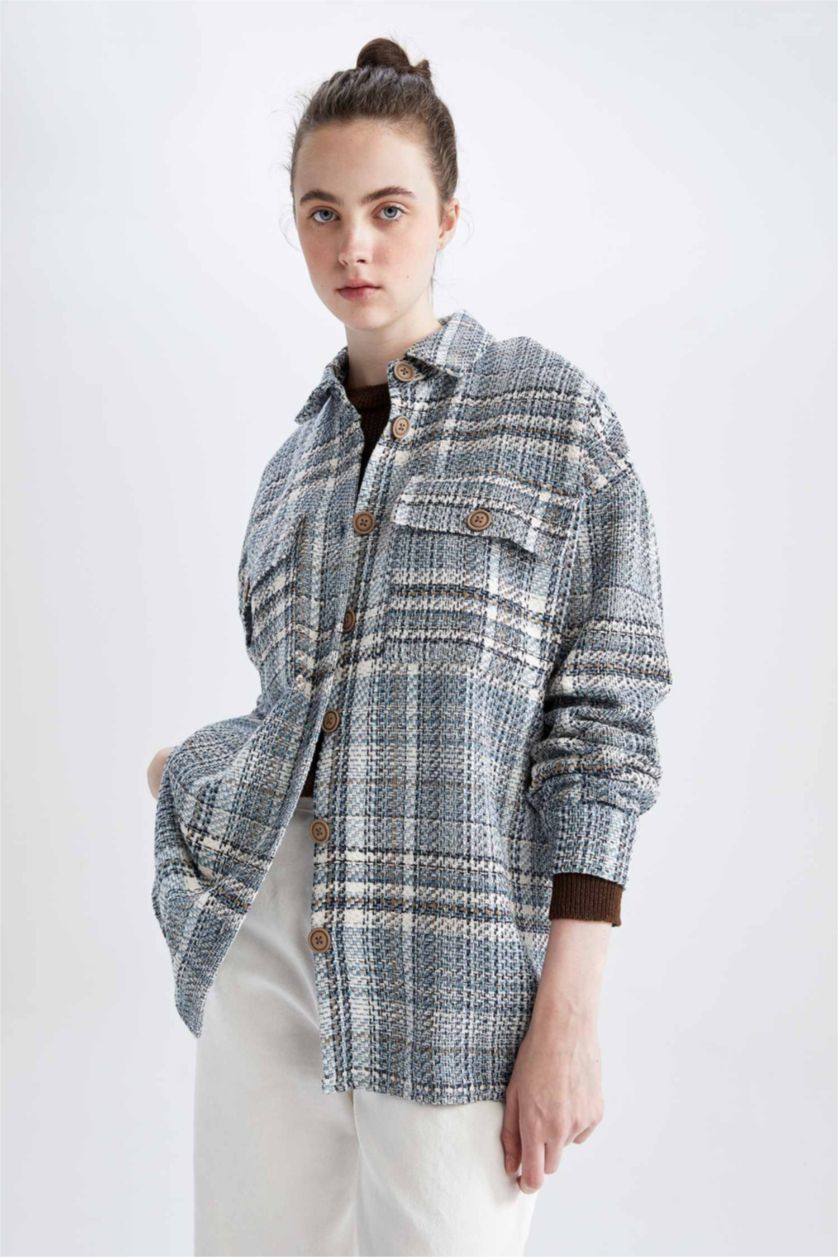 FEMME Bleu Tunique À Manches Longues Coupe Oversize Carreaux Col De Chemise