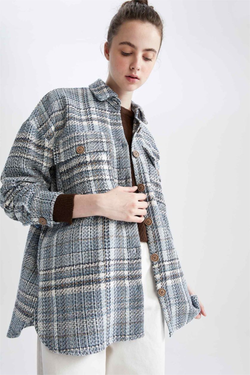 FEMME Bleu Tunique À Manches Longues Coupe Oversize Carreaux Col De Chemise