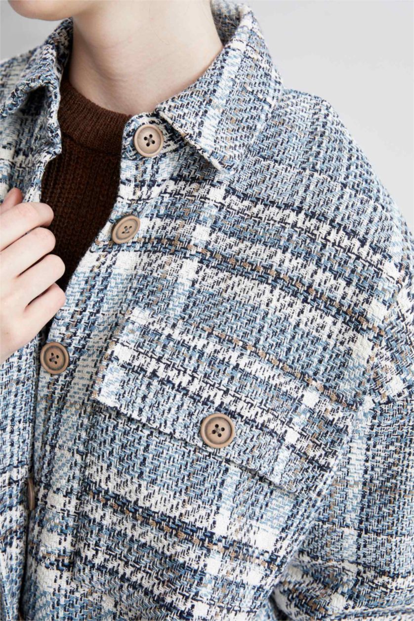 FEMME Bleu Tunique À Manches Longues Coupe Oversize Carreaux Col De Chemise