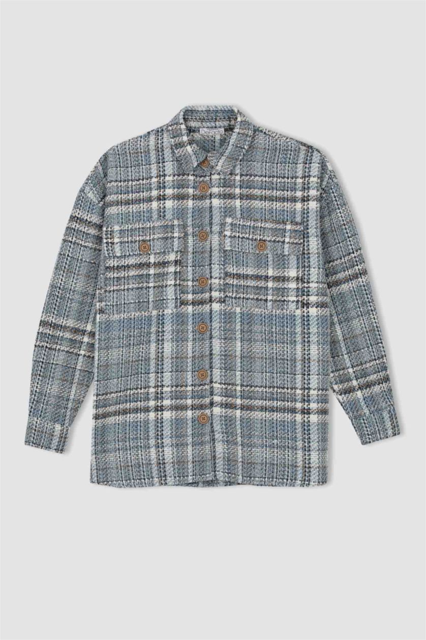 FEMME Bleu Tunique À Manches Longues Coupe Oversize Carreaux Col De Chemise