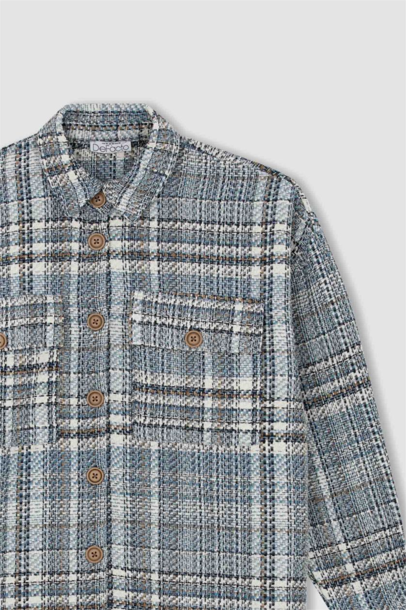 FEMME Bleu Tunique À Manches Longues Coupe Oversize Carreaux Col De Chemise