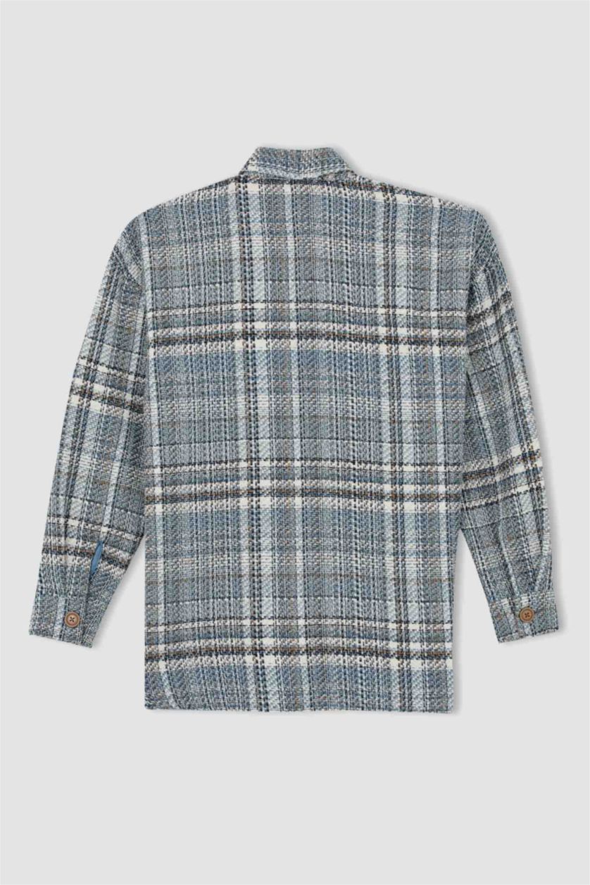 FEMME Bleu Tunique À Manches Longues Coupe Oversize Carreaux Col De Chemise