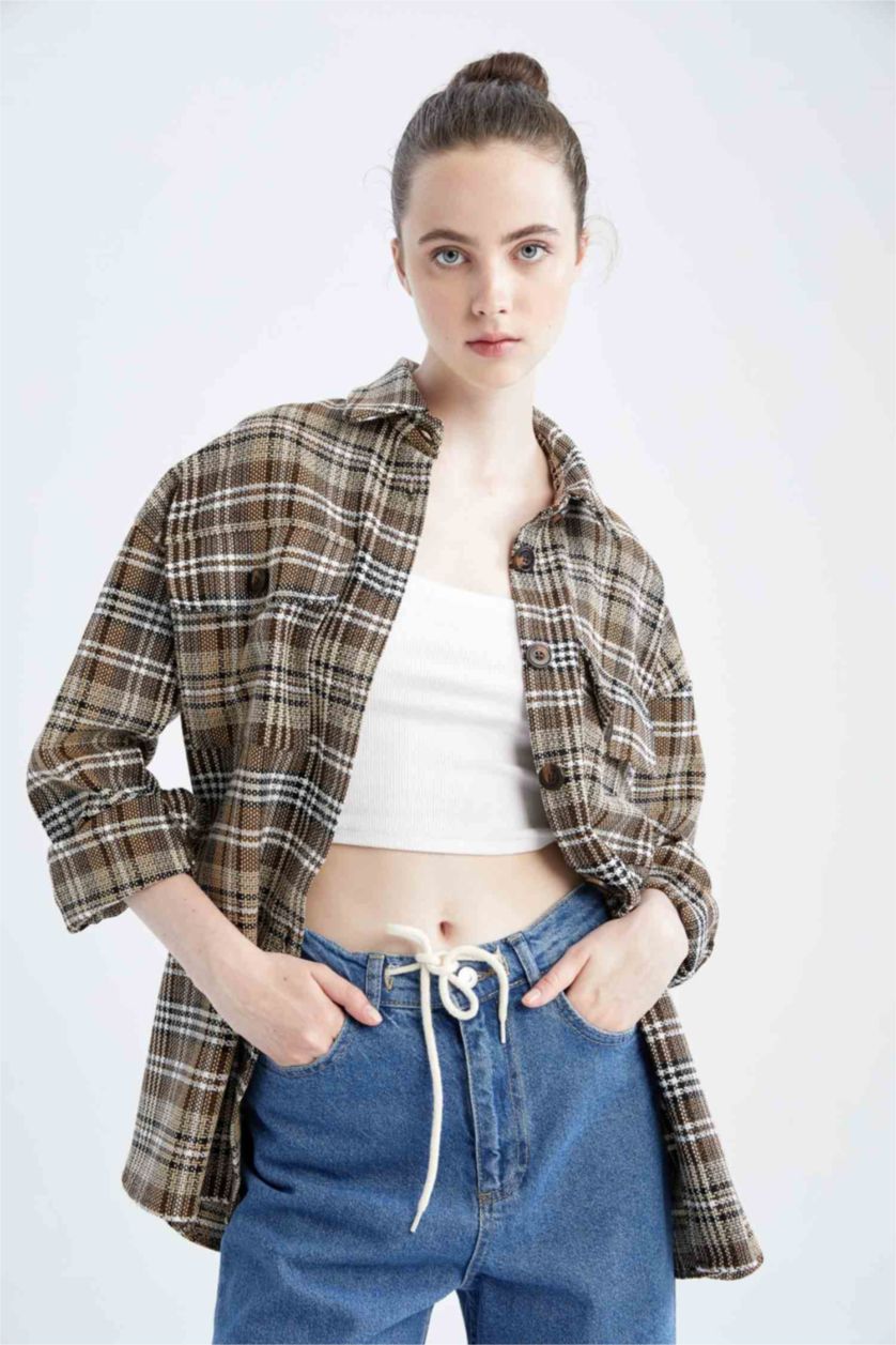 WOMAN Brown Oversize Fit Shirt Collar Plaid Long Sleeve Tunic