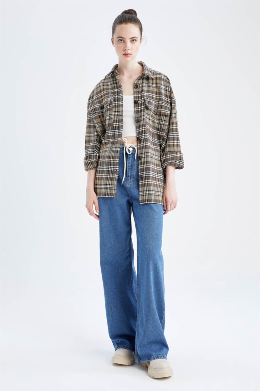 WOMAN Brown Oversize Fit Shirt Collar Plaid Long Sleeve Tunic