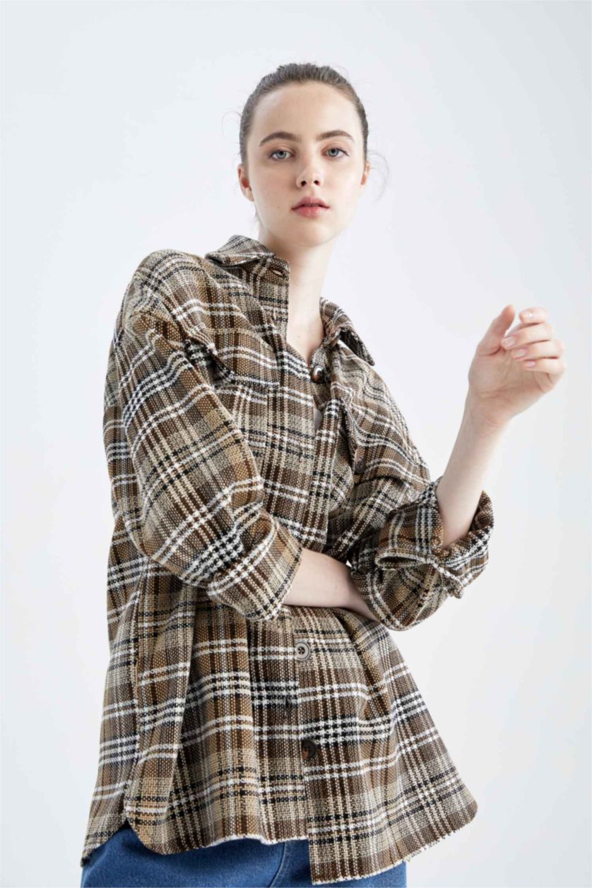 WOMAN Brown Oversize Fit Shirt Collar Plaid Long Sleeve Tunic