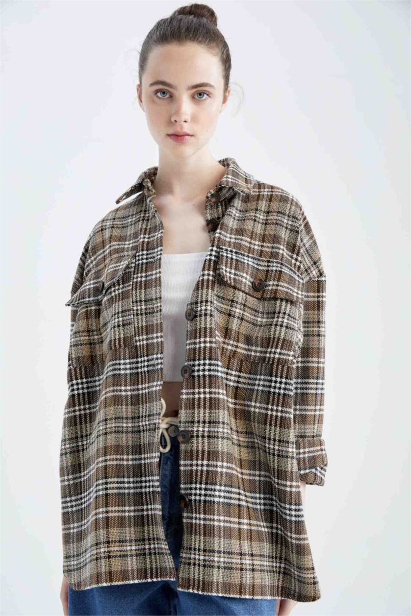 WOMAN Brown Oversize Fit Shirt Collar Plaid Long Sleeve Tunic