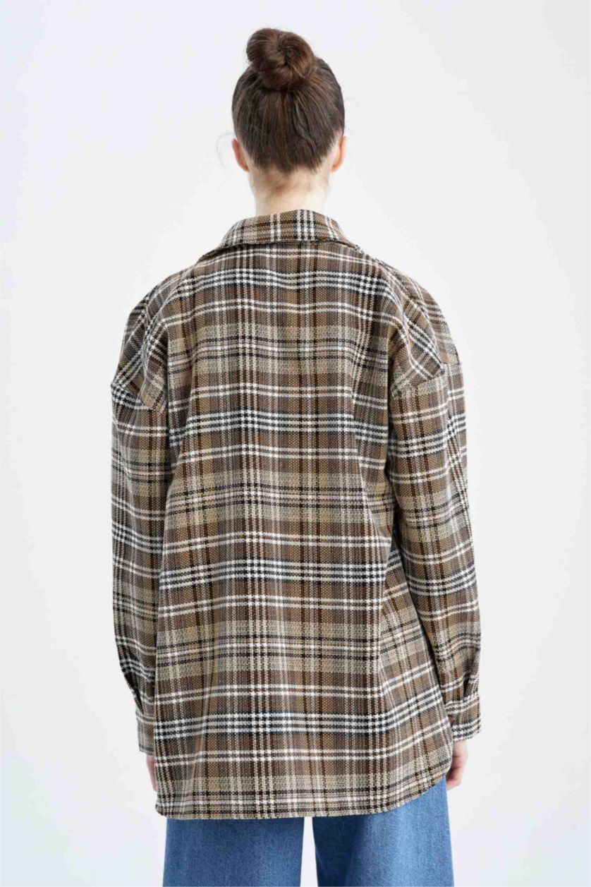 WOMAN Brown Oversize Fit Shirt Collar Plaid Long Sleeve Tunic