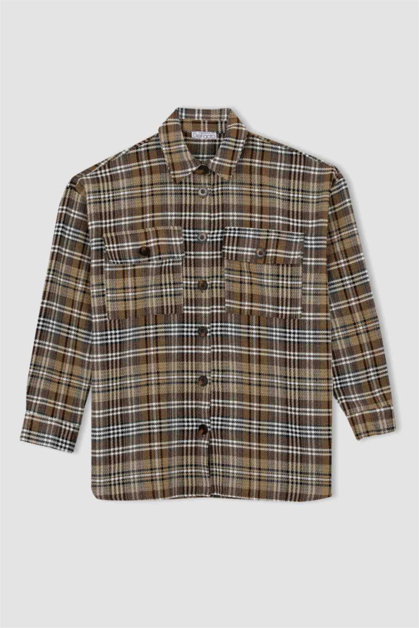 WOMAN Brown Oversize Fit Shirt Collar Plaid Long Sleeve Tunic