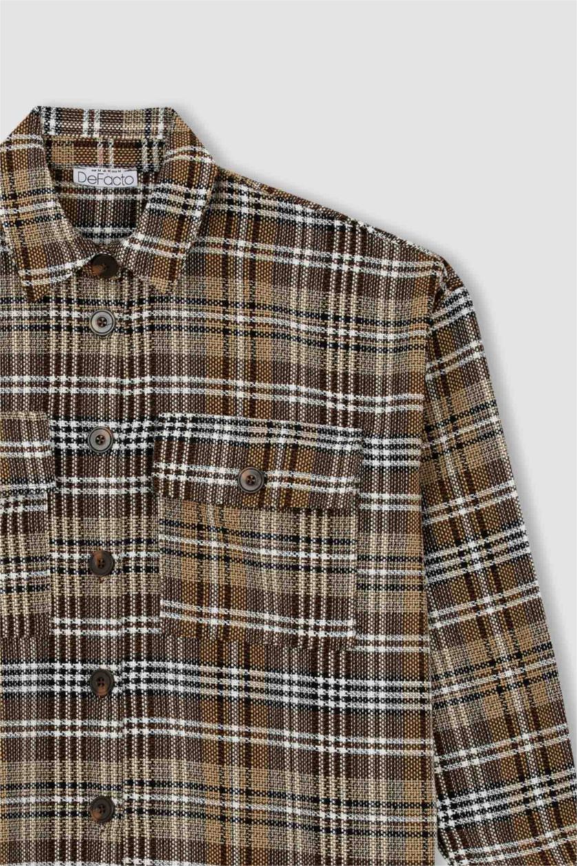 WOMAN Brown Oversize Fit Shirt Collar Plaid Long Sleeve Tunic