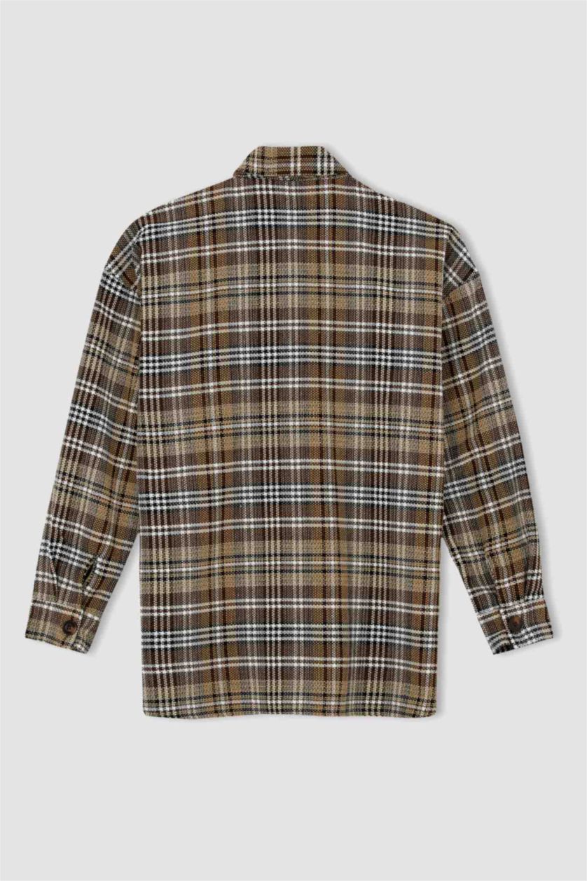 WOMAN Brown Oversize Fit Shirt Collar Plaid Long Sleeve Tunic