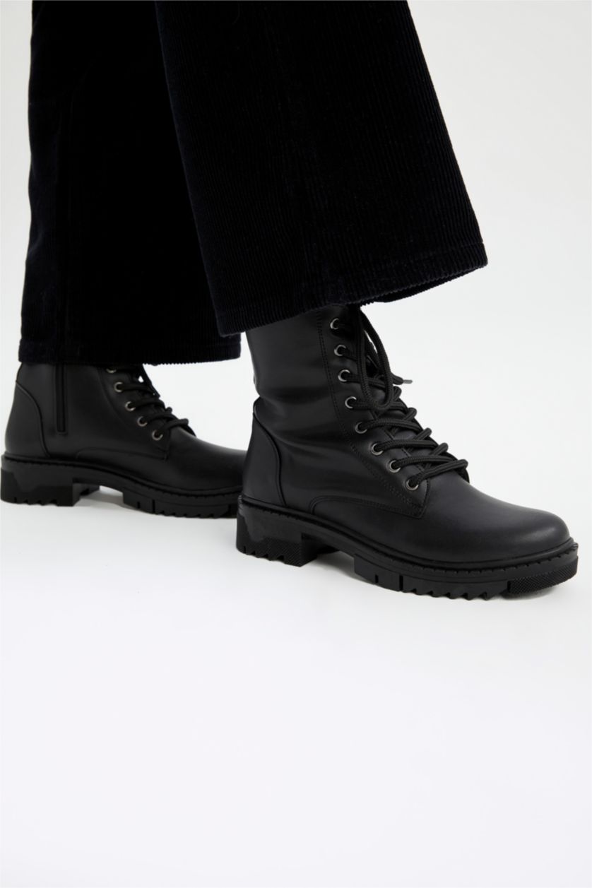 نساء أسود بوت بكعب سميك برباط وسحاب