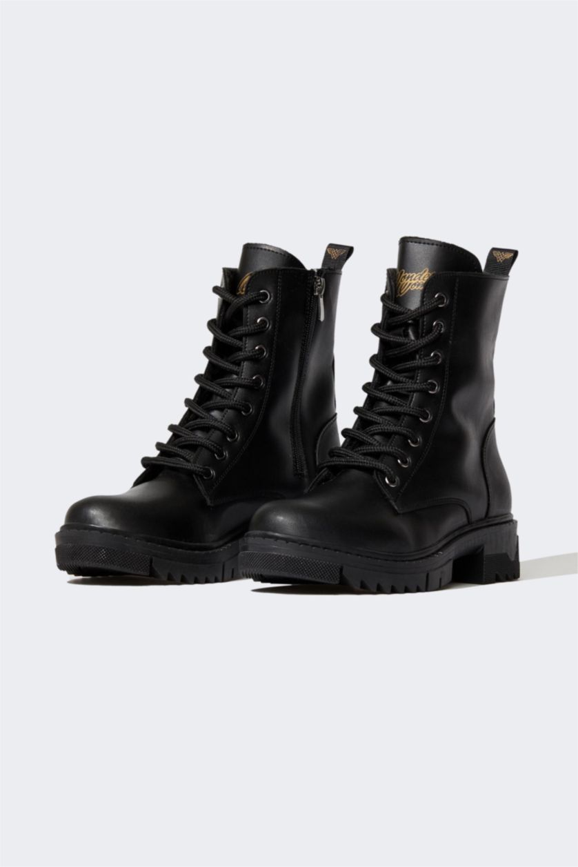 نساء أسود بوت بكعب سميك برباط وسحاب