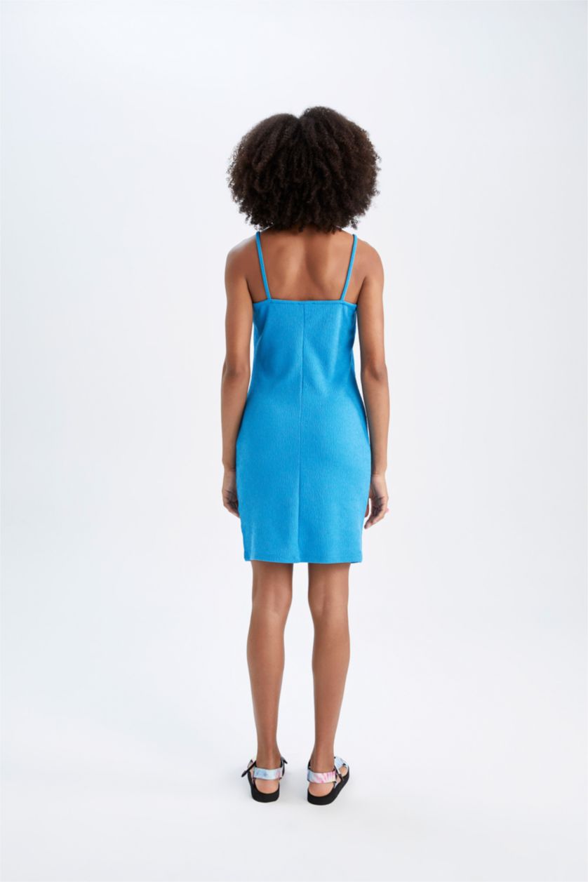 FEMME Bleu Robe En Maille À Manches Courtes Très court Avec bretelles