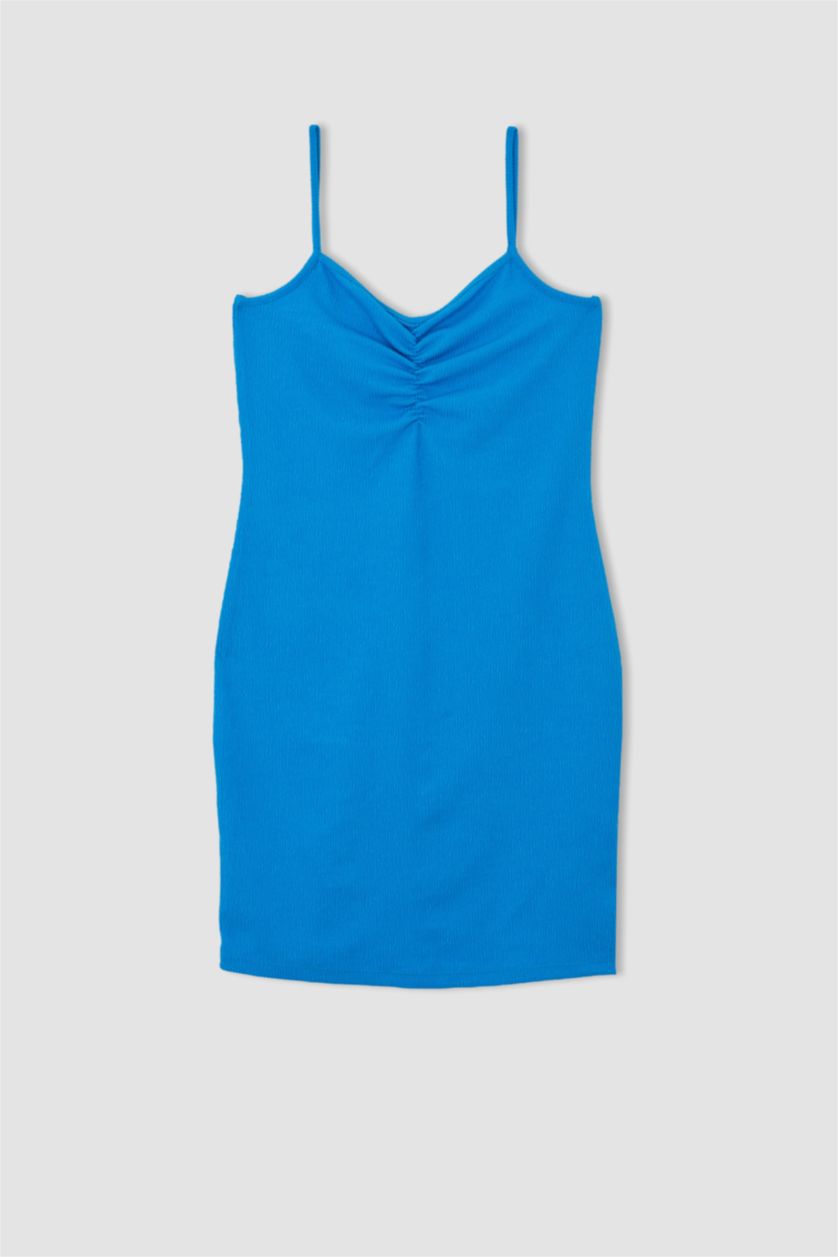 FEMME Bleu Robe En Maille À Manches Courtes Très court Avec bretelles