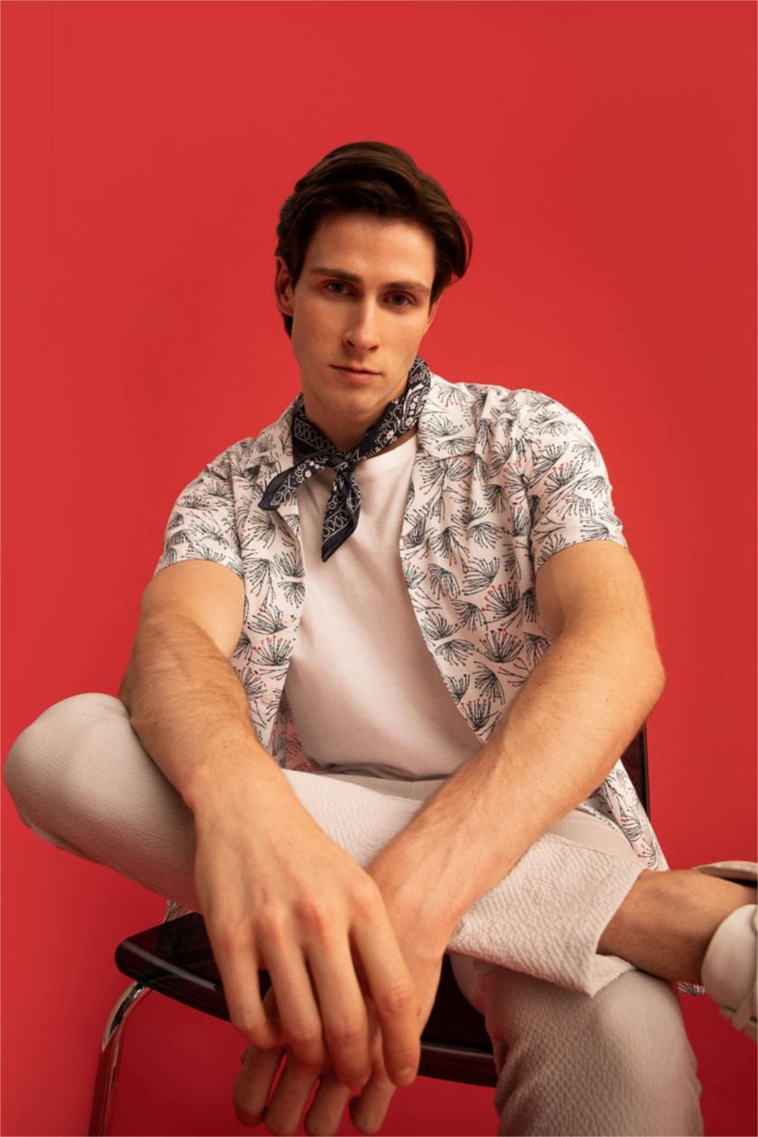 HOMME Blanc Chemise en coton imprimée à manches courtes Coupe moderne