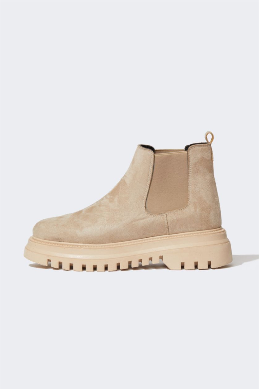 Women Beige Faux Leather Thick Sole Boots