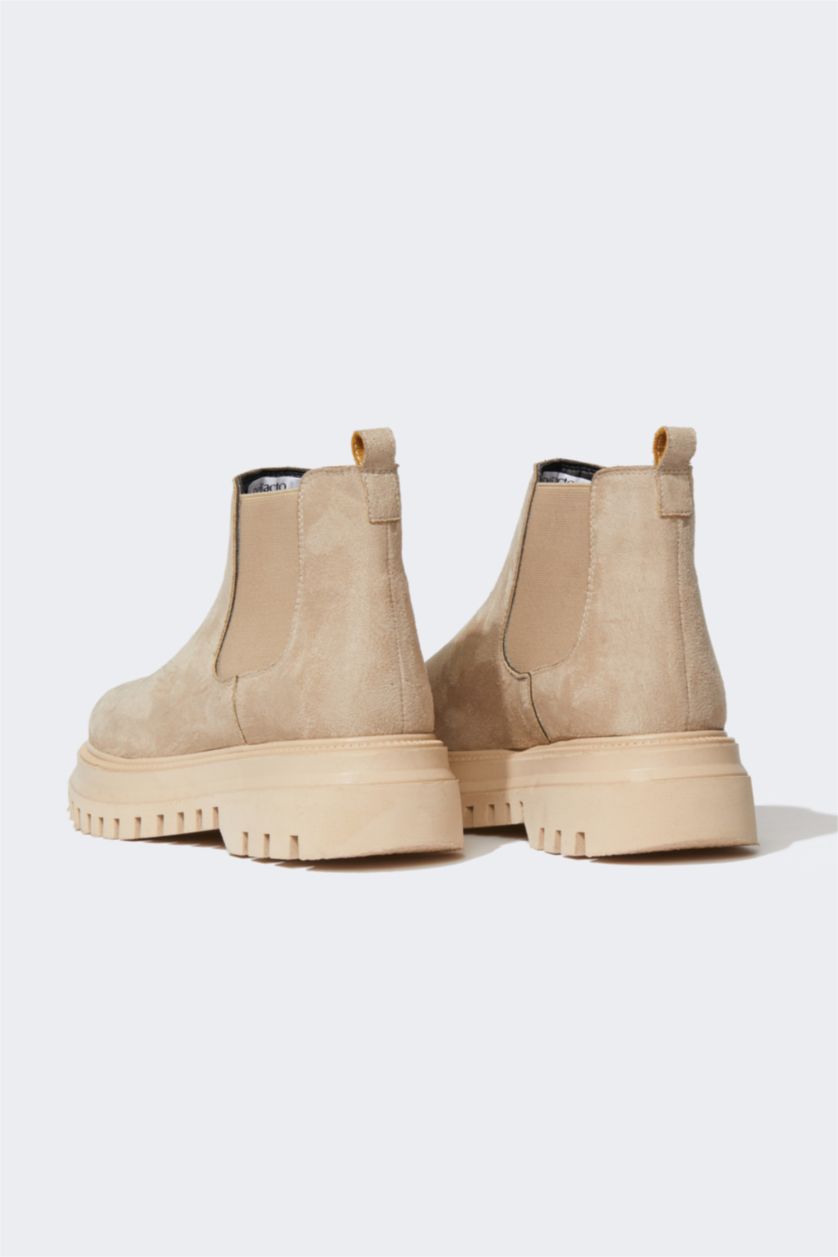 Women Beige Faux Leather Thick Sole Boots