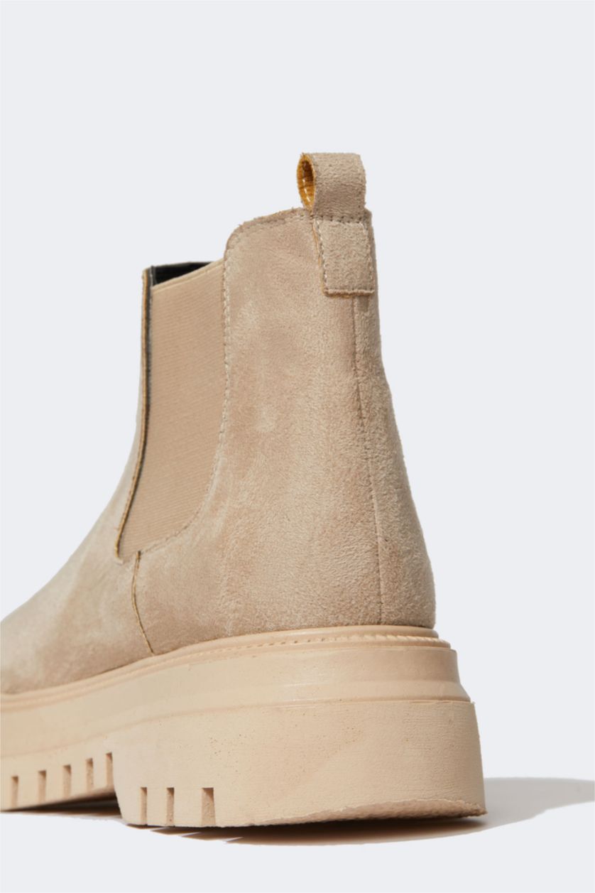 Women Beige Faux Leather Thick Sole Boots