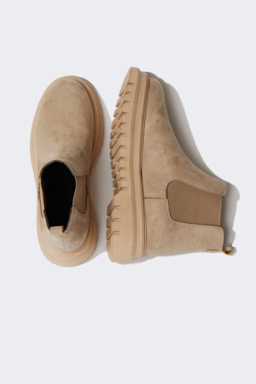 Women Beige Faux Leather Thick Sole Boots