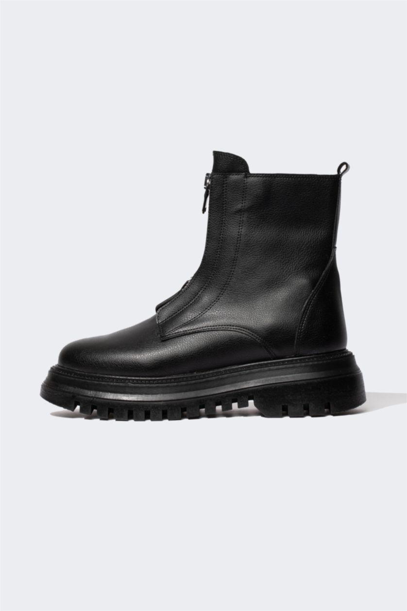 FEMME Noir Botte D'Hiver Cuir Synthétique à Semelle Épaisse à Fermeture Éclair Pour Femme