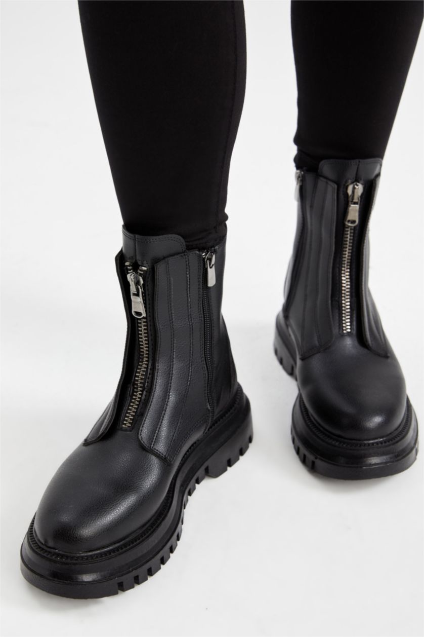 FEMME Noir Botte D'Hiver Cuir Synthétique à Semelle Épaisse à Fermeture Éclair Pour Femme
