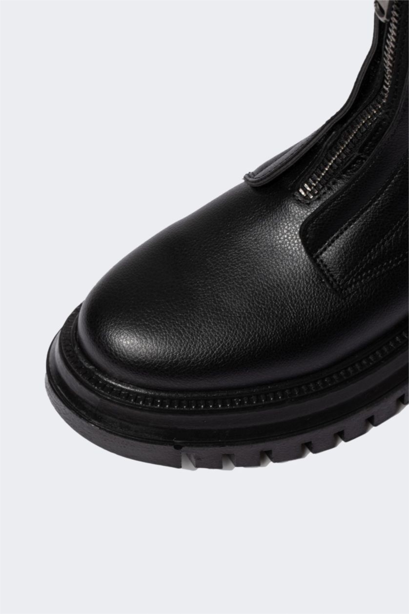 FEMME Noir Botte D'Hiver Cuir Synthétique à Semelle Épaisse à Fermeture Éclair Pour Femme