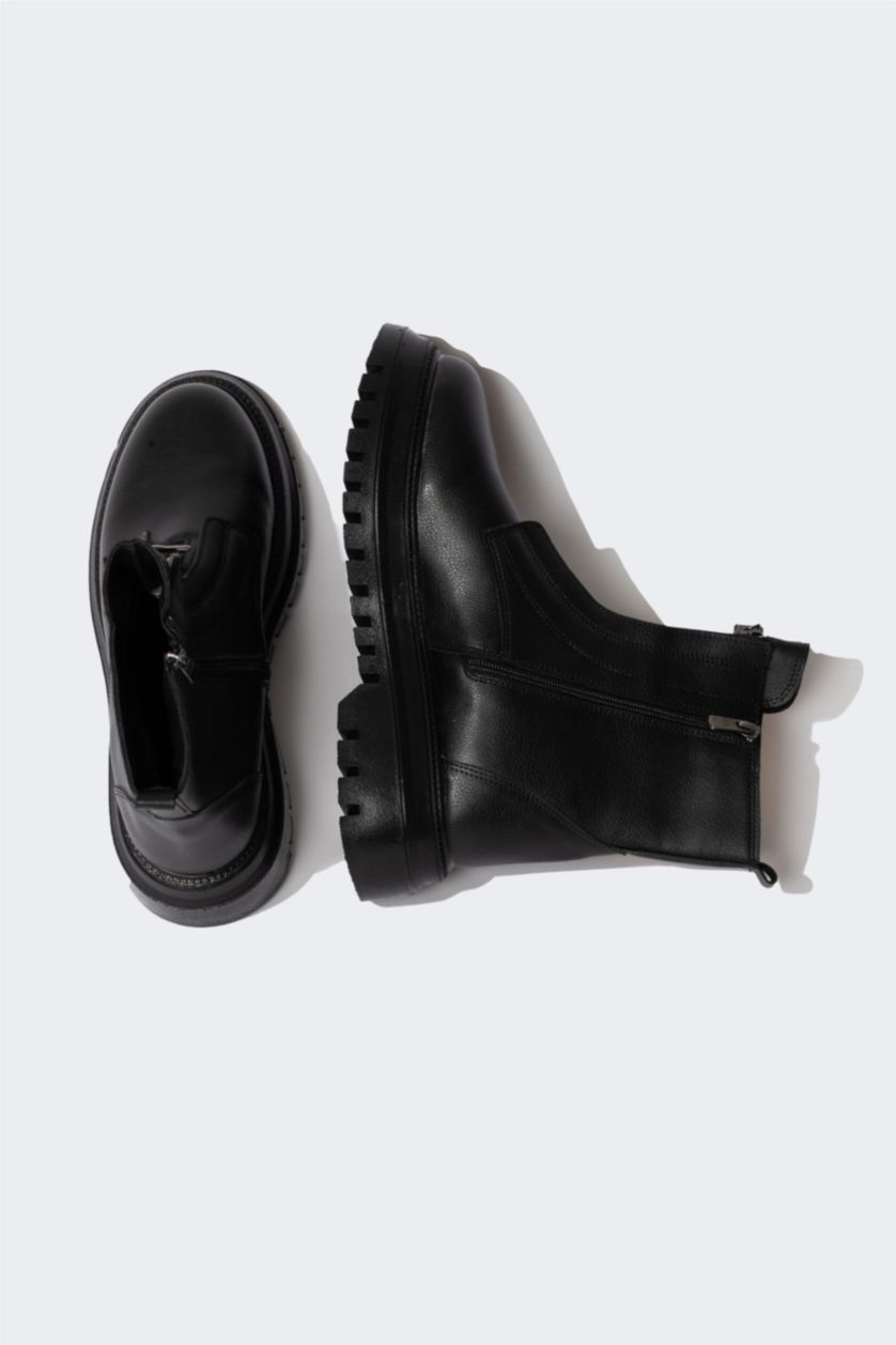 FEMME Noir Botte D'Hiver Cuir Synthétique à Semelle Épaisse à Fermeture Éclair Pour Femme