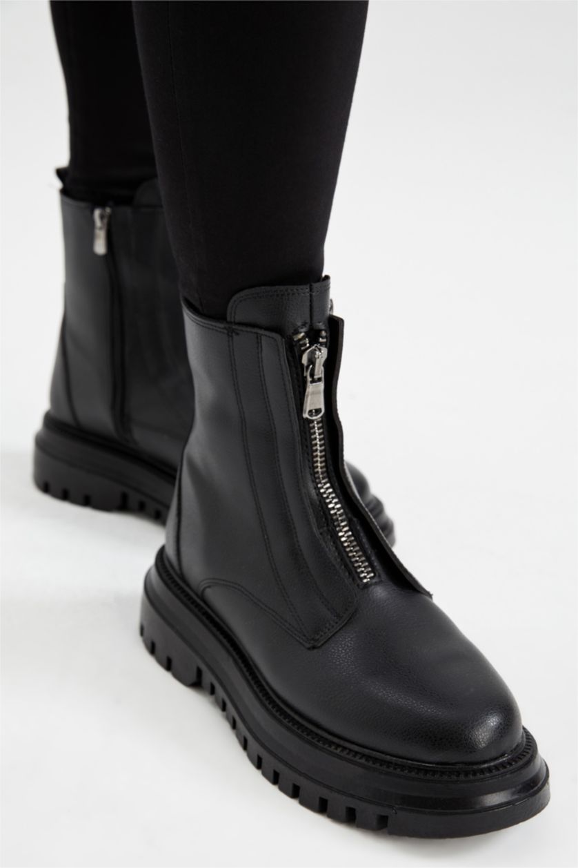 FEMME Noir Botte D'Hiver Cuir Synthétique à Semelle Épaisse à Fermeture Éclair Pour Femme