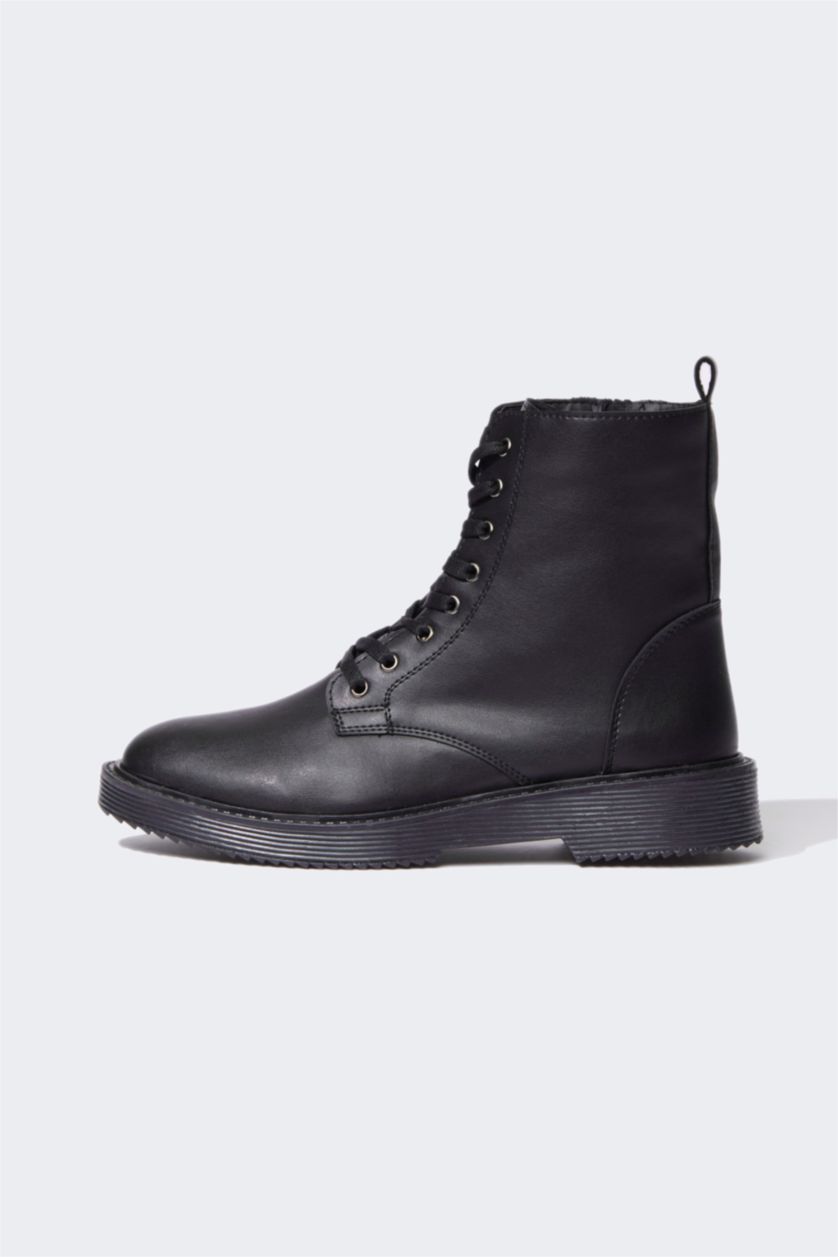 Women Black Women's Lace-Up Thick Sole Winter Faux Leather Boots