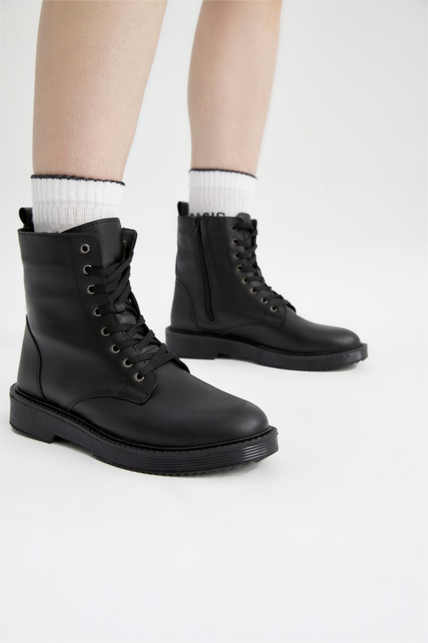 Women Black Women's Lace-Up Thick Sole Winter Faux Leather Boots