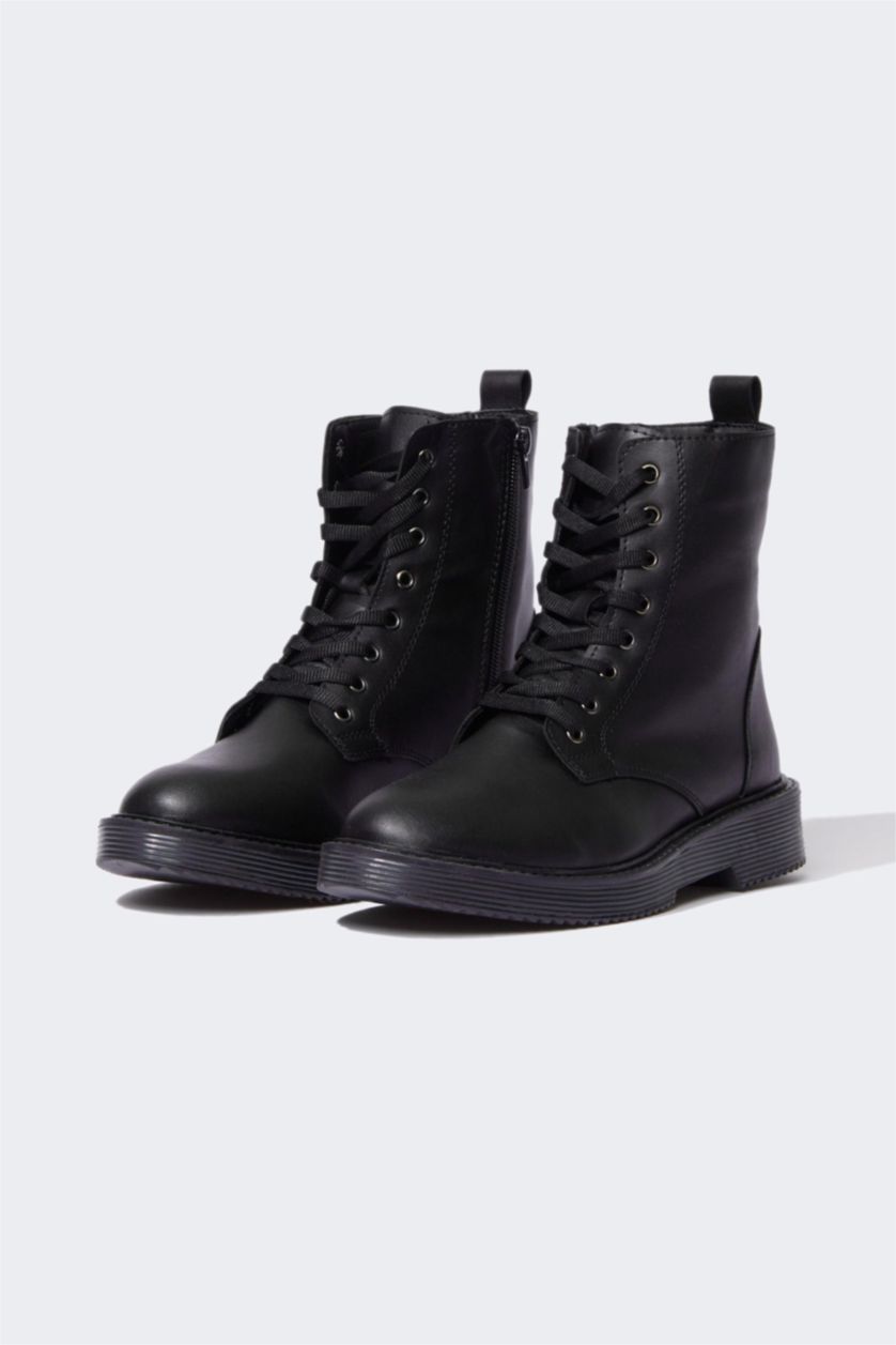 Women Black Women's Lace-Up Thick Sole Winter Faux Leather Boots