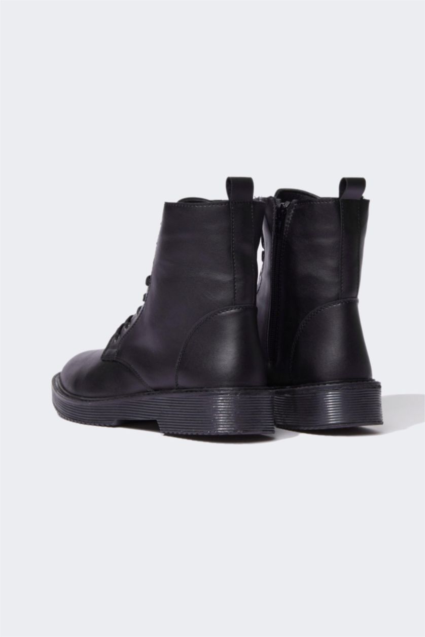 Women Black Women's Lace-Up Thick Sole Winter Faux Leather Boots