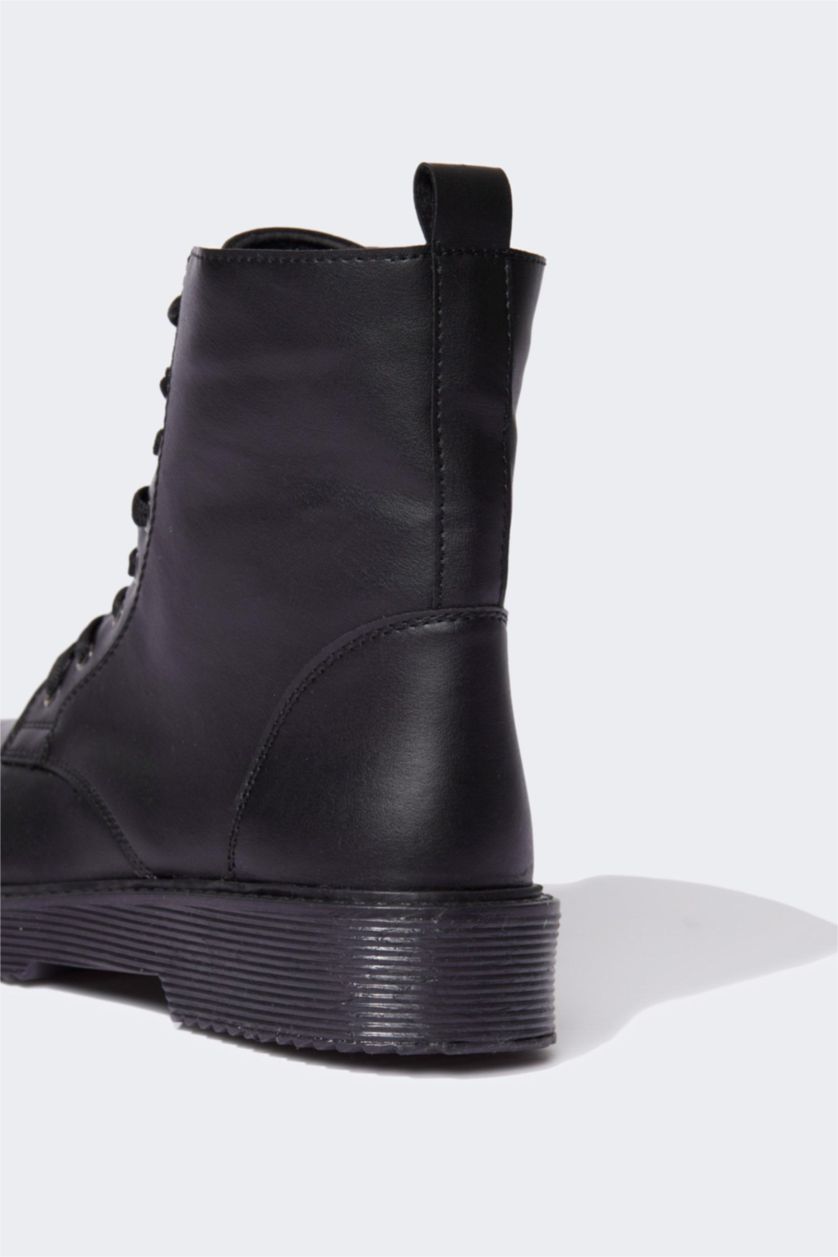 Women Black Women's Lace-Up Thick Sole Winter Faux Leather Boots