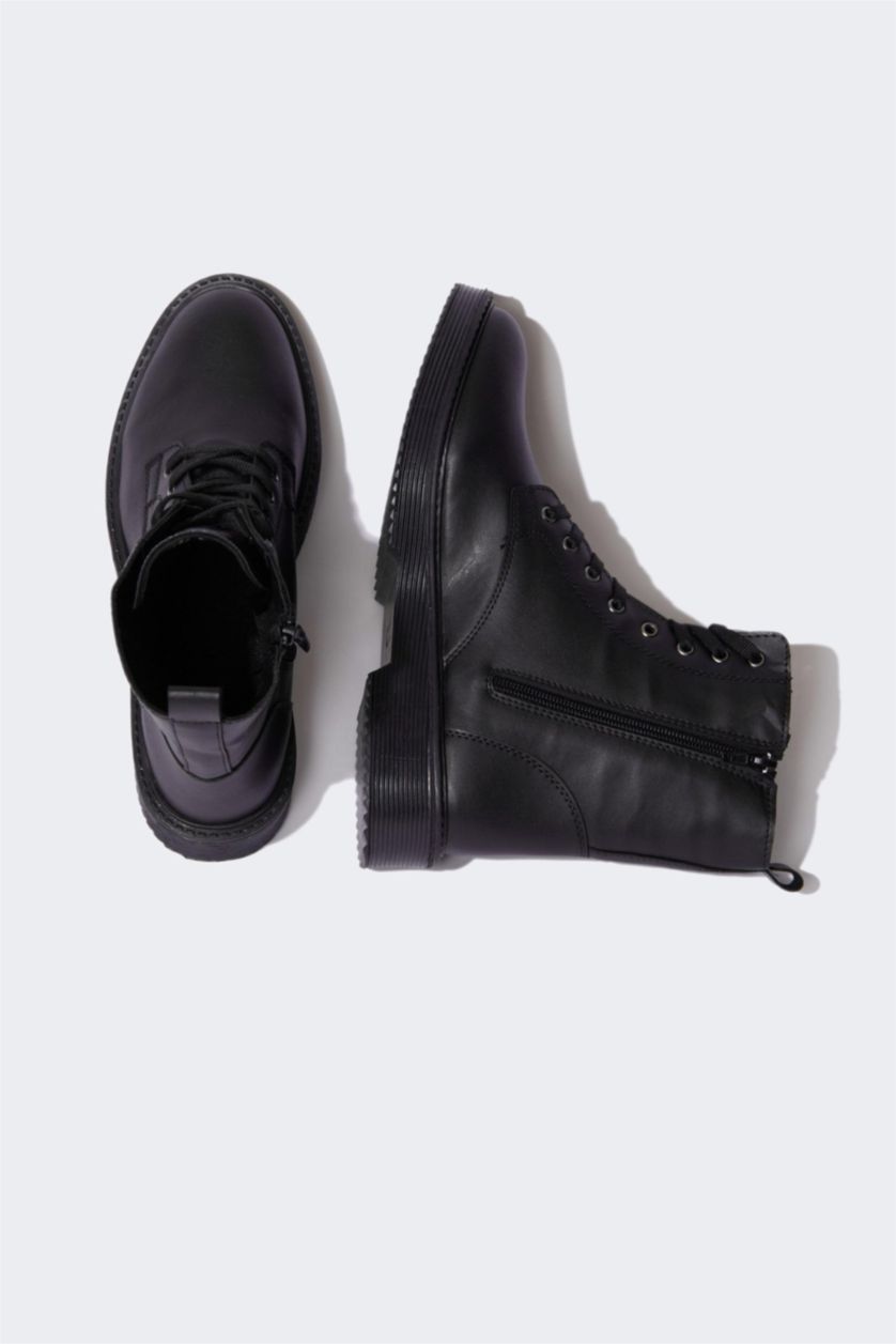 Women Black Women's Lace-Up Thick Sole Winter Faux Leather Boots