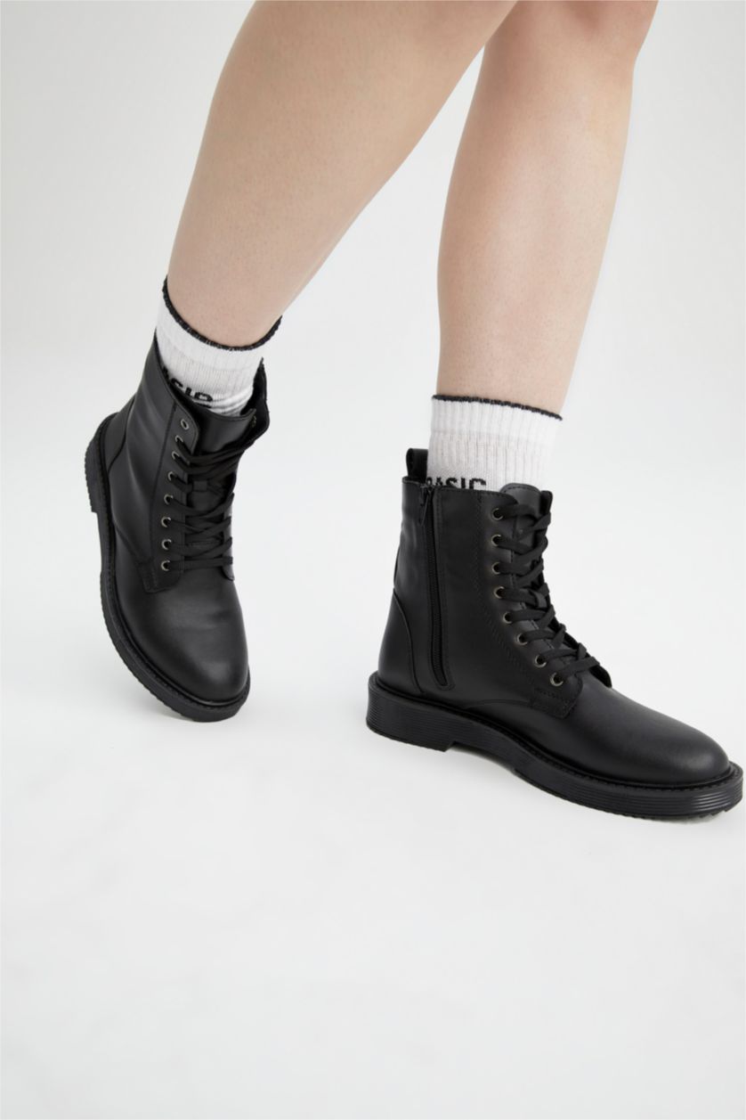 Women Black Women's Lace-Up Thick Sole Winter Faux Leather Boots