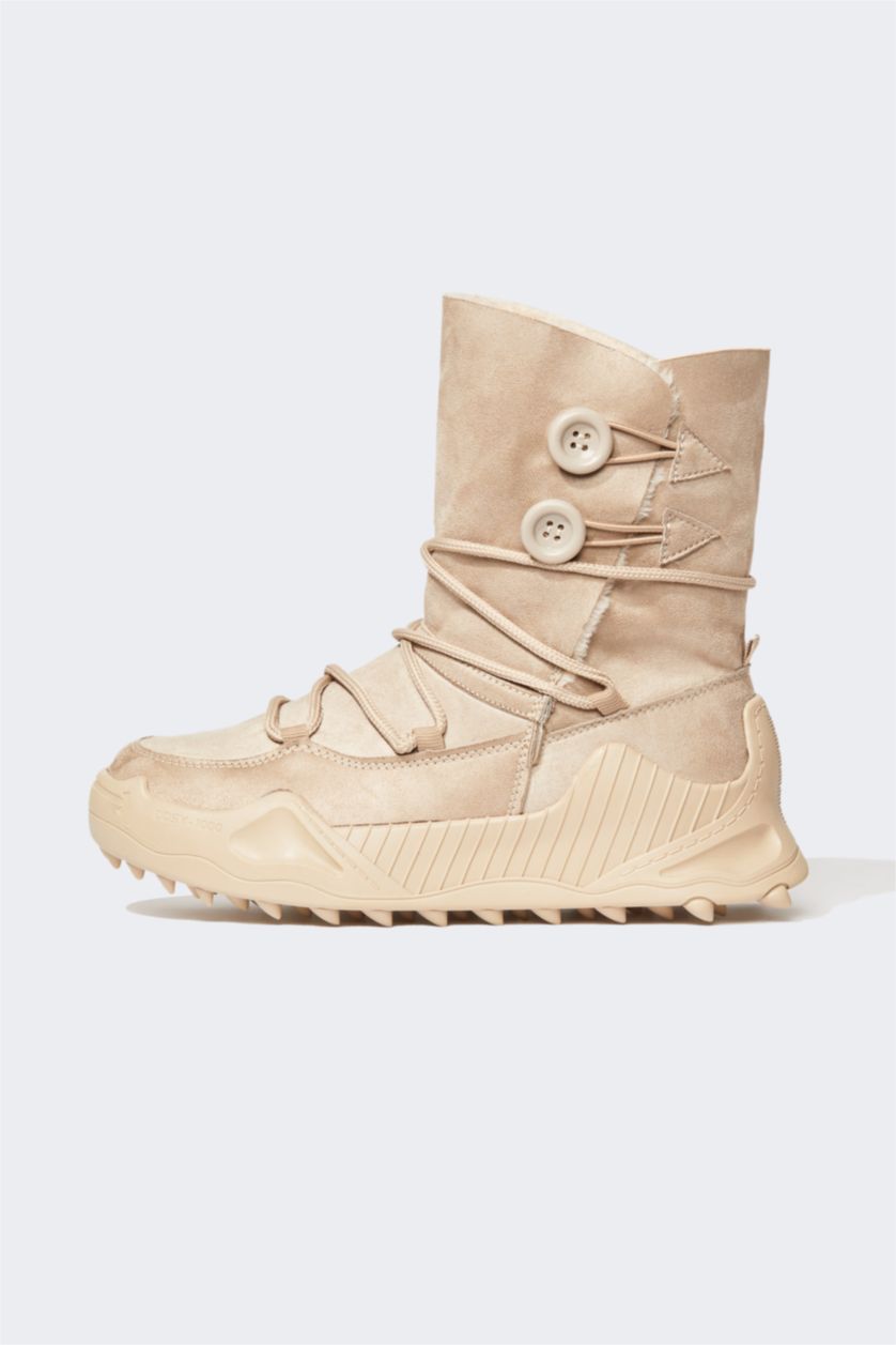 Kadın Bej Kadın Bağcıklı Kalın Taban Outdoor Kürklü Suni Deri Bot