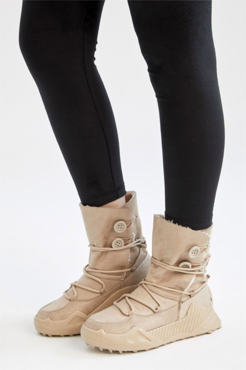 Kadın Bej Kadın Bağcıklı Kalın Taban Outdoor Kürklü Suni Deri Bot