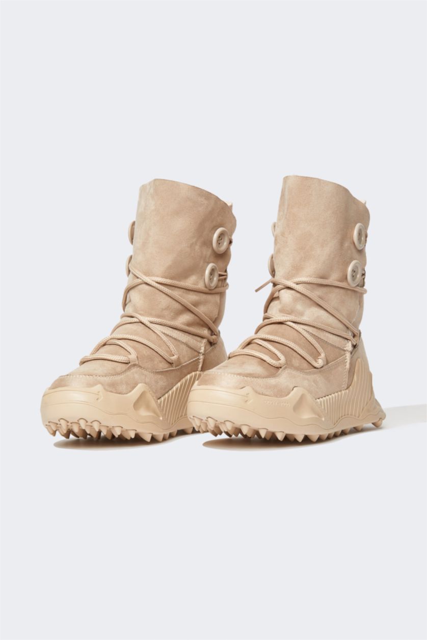 Kadın Bej Kadın Bağcıklı Kalın Taban Outdoor Kürklü Suni Deri Bot