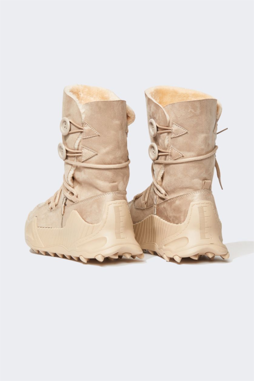 Kadın Bej Kadın Bağcıklı Kalın Taban Outdoor Kürklü Suni Deri Bot