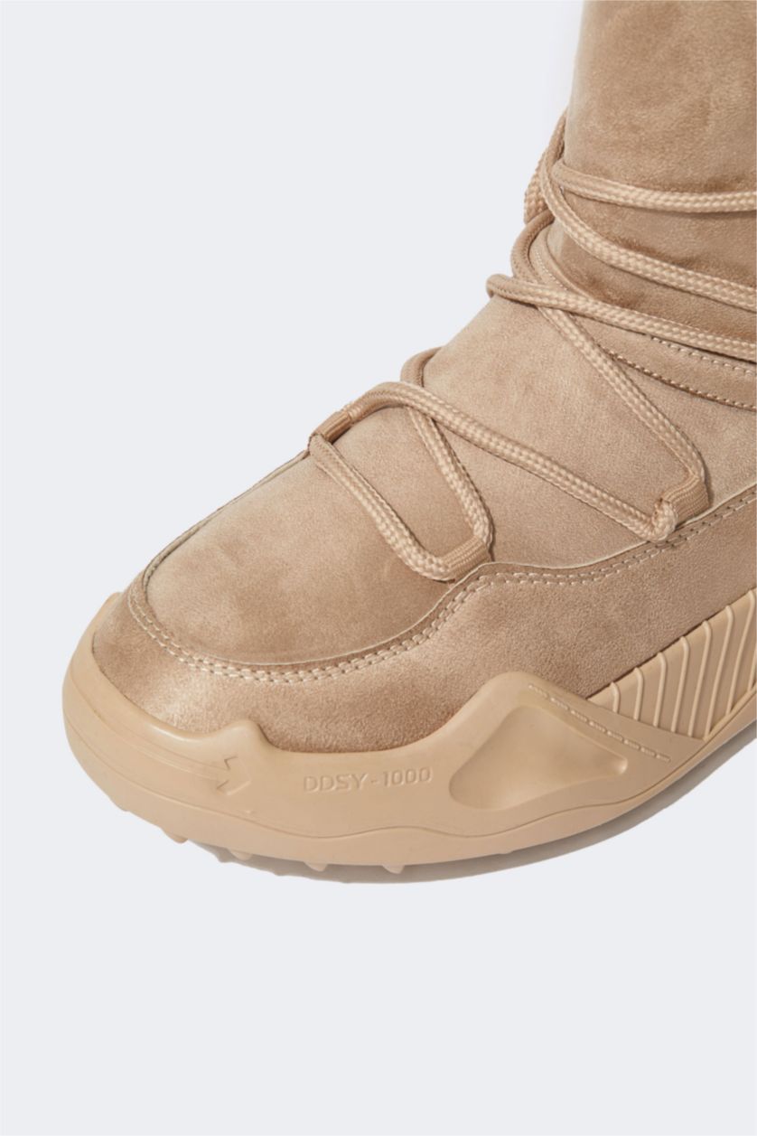 Kadın Bej Kadın Bağcıklı Kalın Taban Outdoor Kürklü Suni Deri Bot