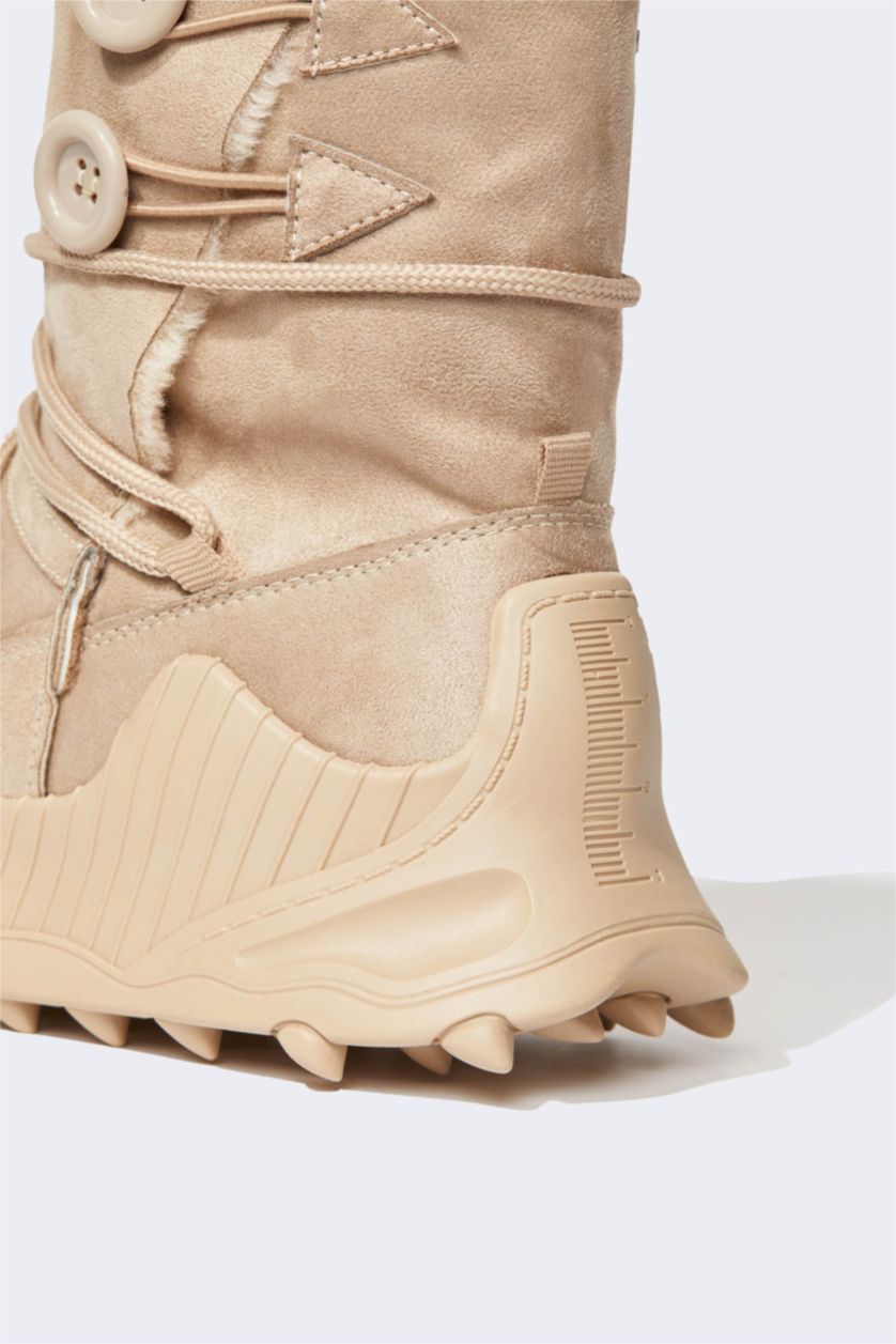 Kadın Bej Kadın Bağcıklı Kalın Taban Outdoor Kürklü Suni Deri Bot