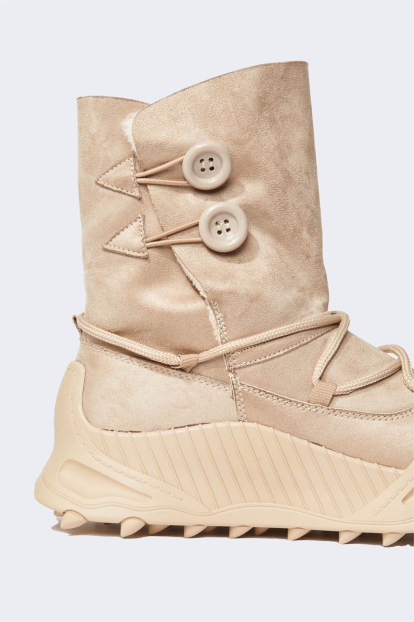 Kadın Bej Kadın Bağcıklı Kalın Taban Outdoor Kürklü Suni Deri Bot