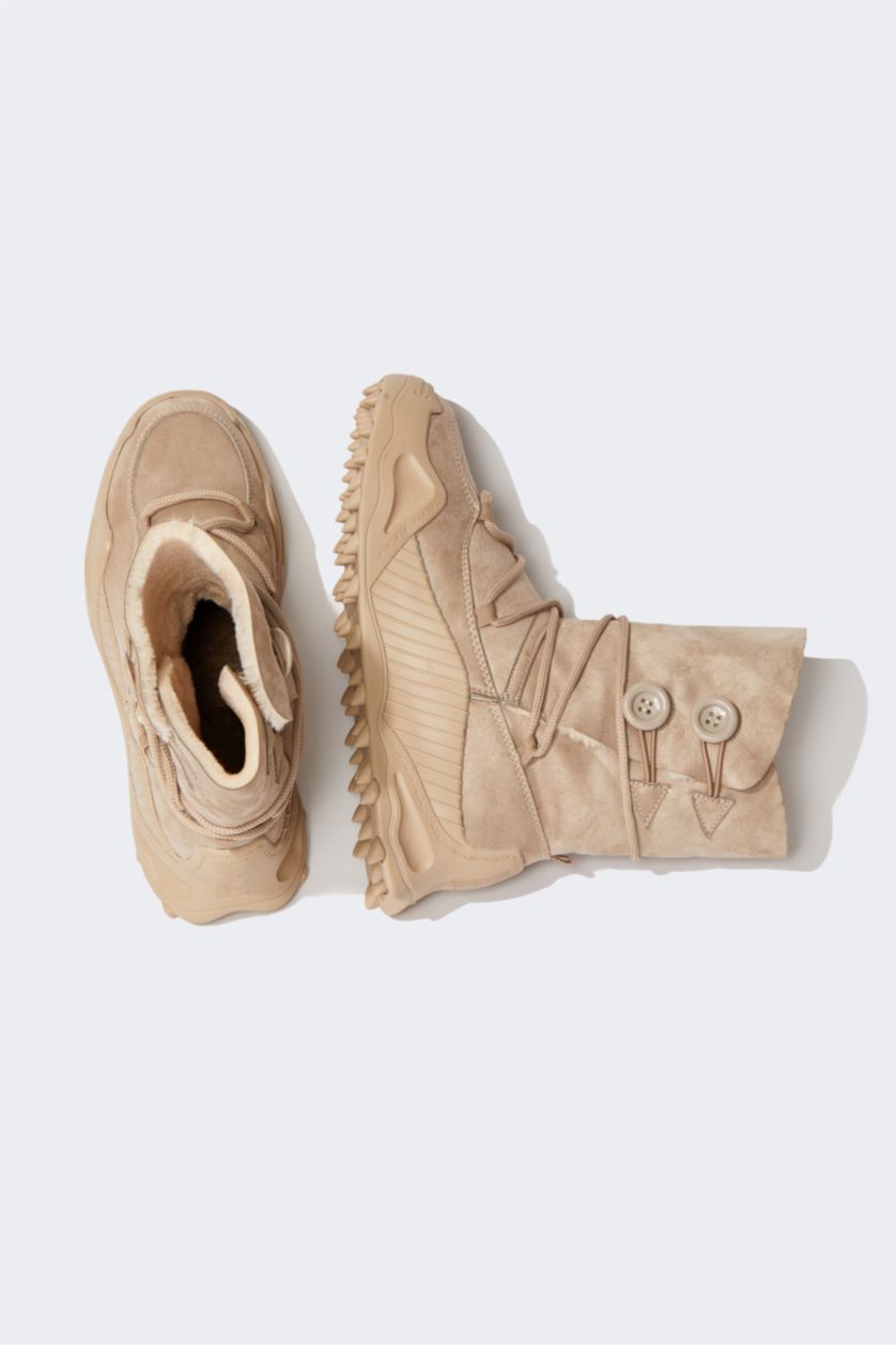 Kadın Bej Kadın Bağcıklı Kalın Taban Outdoor Kürklü Suni Deri Bot