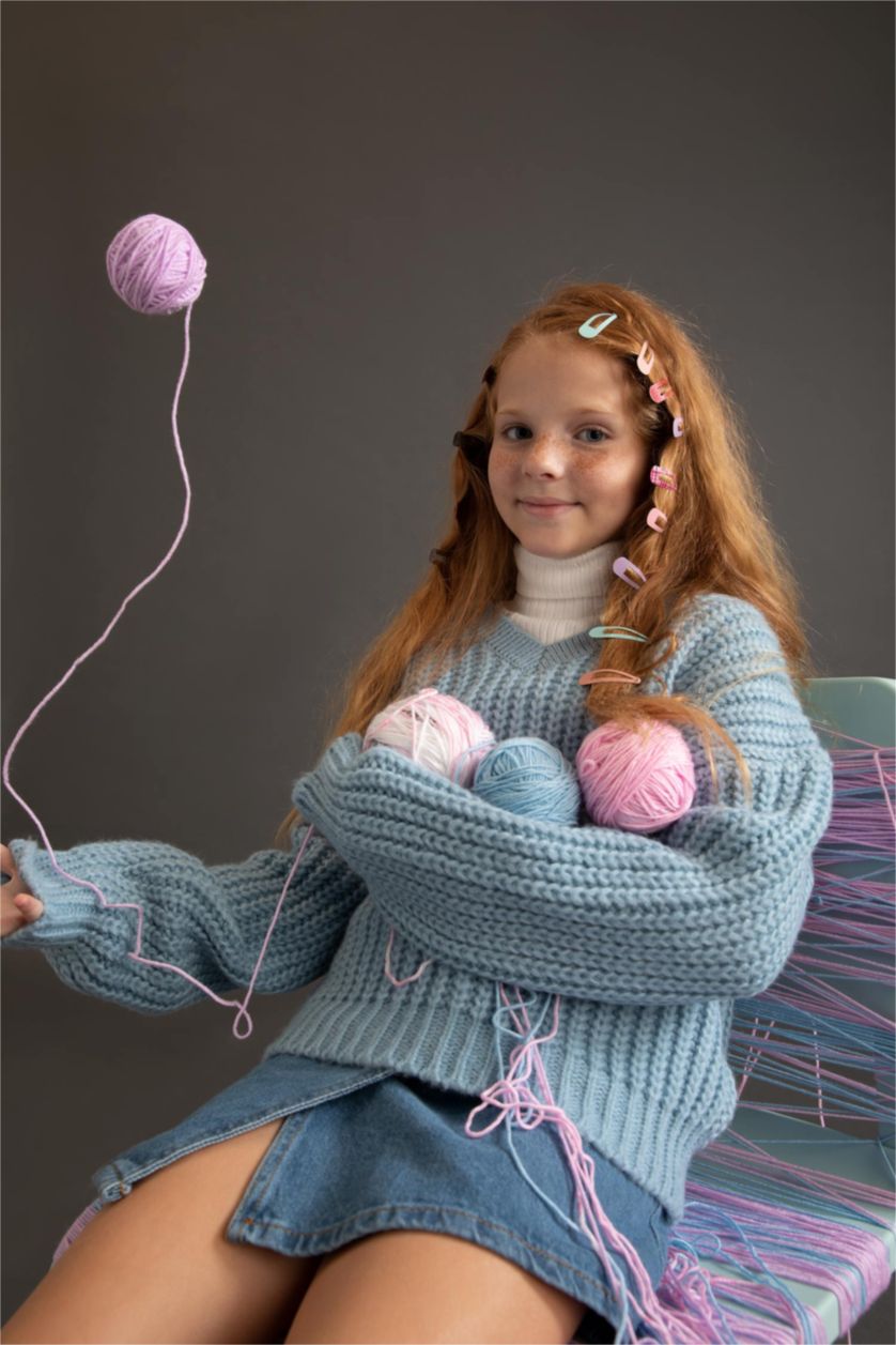 FILLES Bleu Pull Tricot Col En V Fille