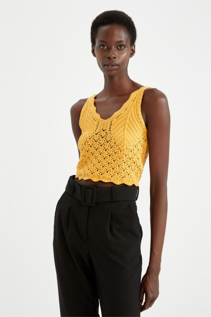 Женщины Оранжевый Майка стандартного кроя с кружевом