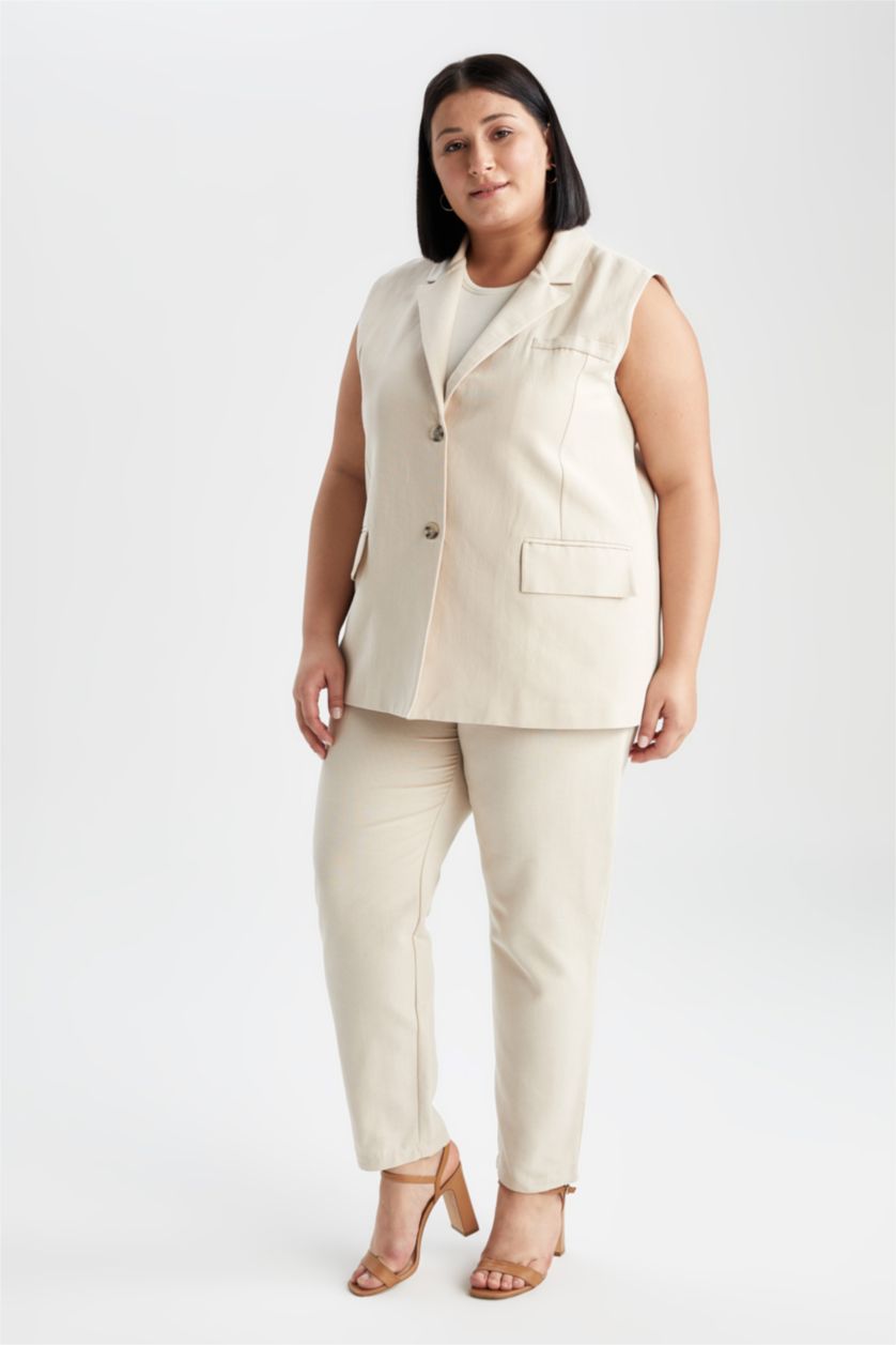 FEMME Beige Pantalon droit de grande taille avec poche à taille élastique et jambe droite
