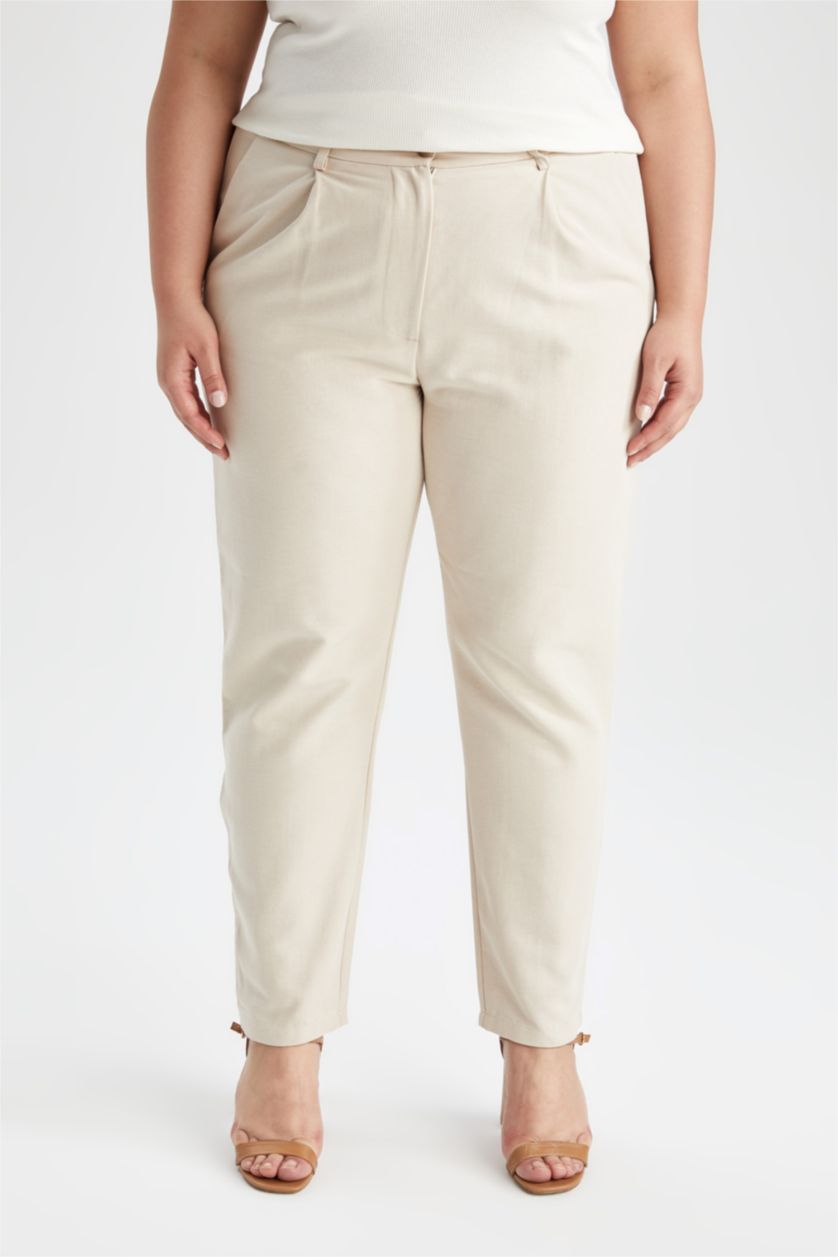 FEMME Beige Pantalon droit de grande taille avec poche à taille élastique et jambe droite
